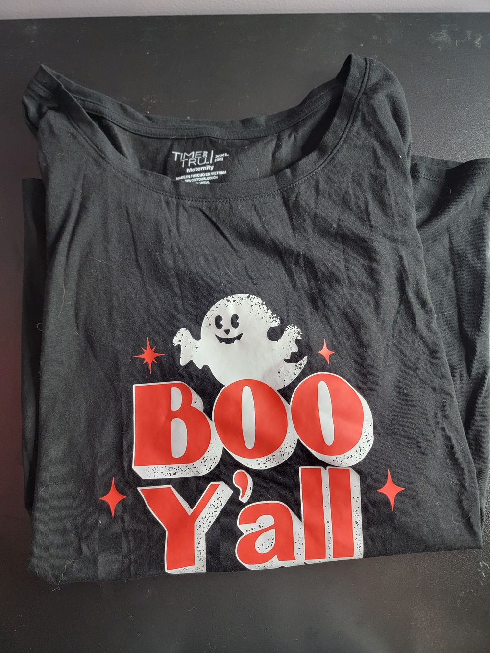 Maternity Time and Tru Black Graphic Tee with White Ghost and Red "Boo Y'all"
